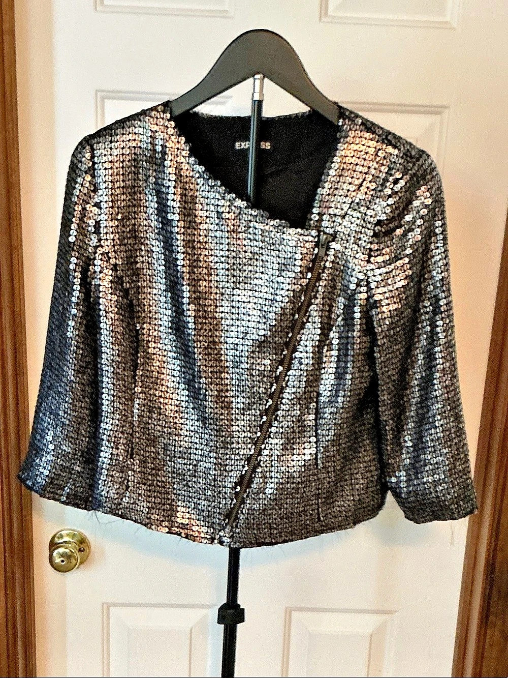 Express Sequined Moto Jacket Black & Silver Extra Small